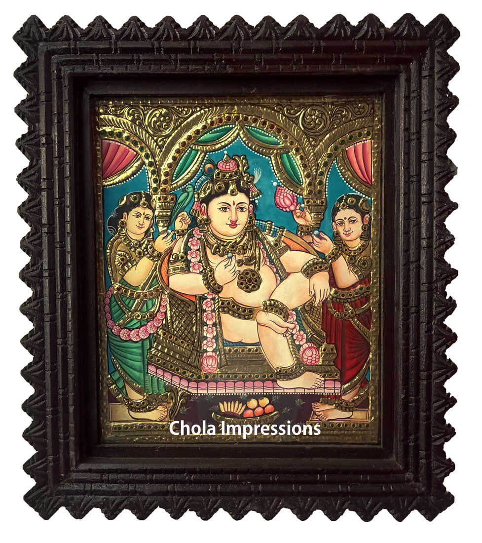 Tanjore Painting of Darbar Krishna 13x11 inches | Teak Wood outlet Frame | Express International Shipping